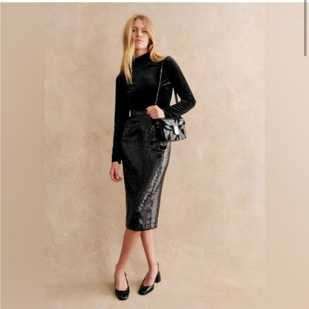 Sezane Magalia Black Sequin Pencil Skirt